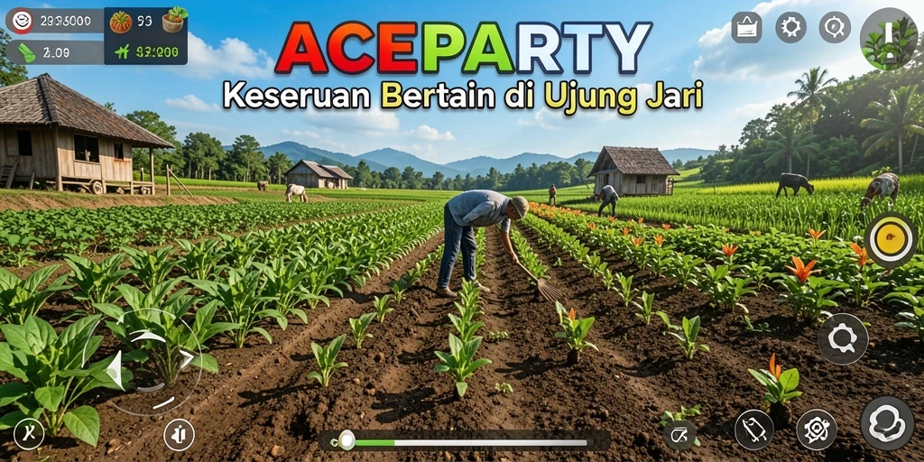 Screenshot gameplay ACEPARTY dengan berbagai tanaman yang tumbuh subur.