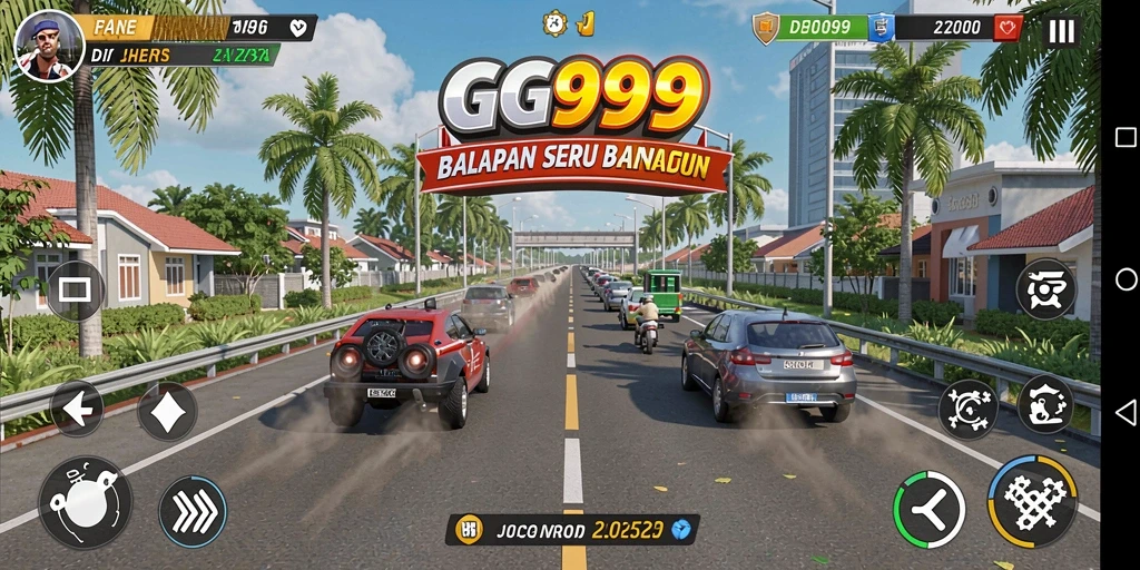 Tampilan utama gameplay GG999 dengan mobil balap yang melaju kencang.