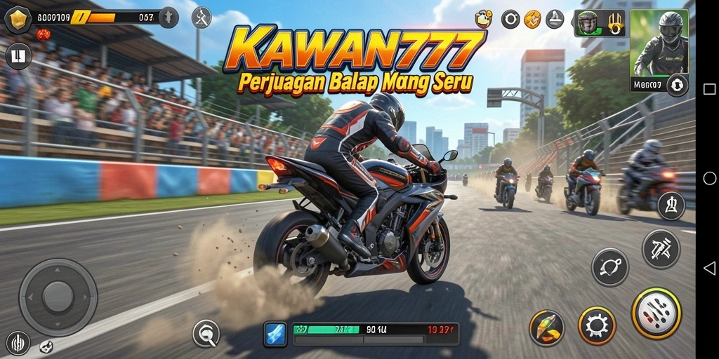 Screenshot KAWAN777 menampilkan aksi balap motor yang mendebarkan.