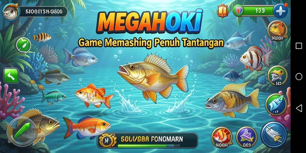 Tampilan gameplay MEGAHOKI yang menampilkan serunya memancing ikan.