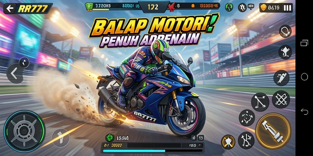 Tampilan gameplay balap motor RR777 yang seru dan mendebarkan.