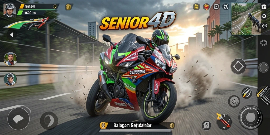 Screenshot gameplay SENIOR4D menampilkan balapan sepeda motor yang mendebarkan.