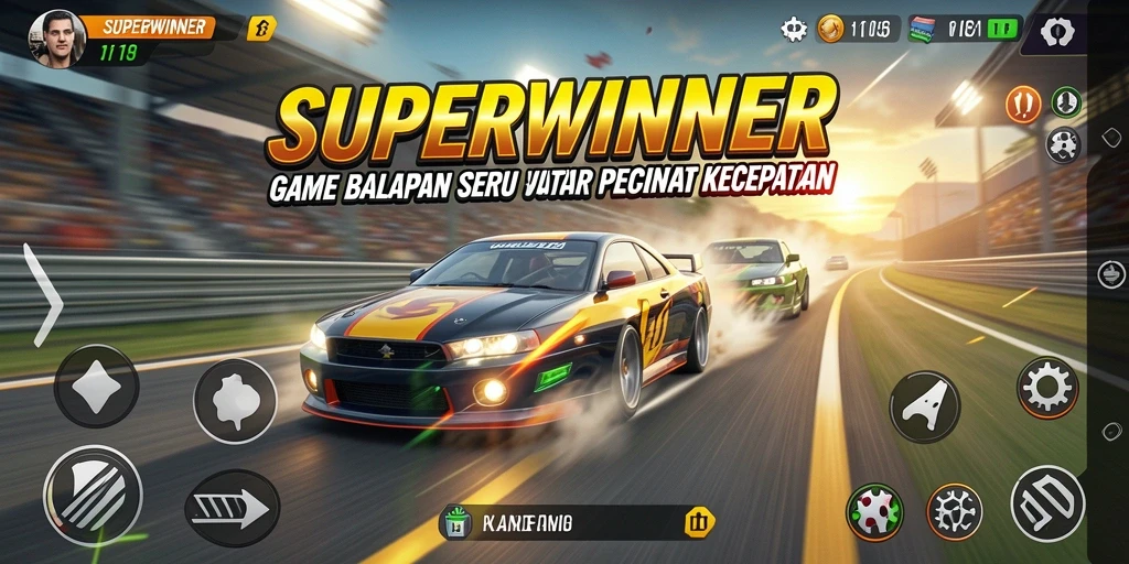 Gameplay SUPERWINNER dengan mobil balap yang cepat dan lintasan seru.