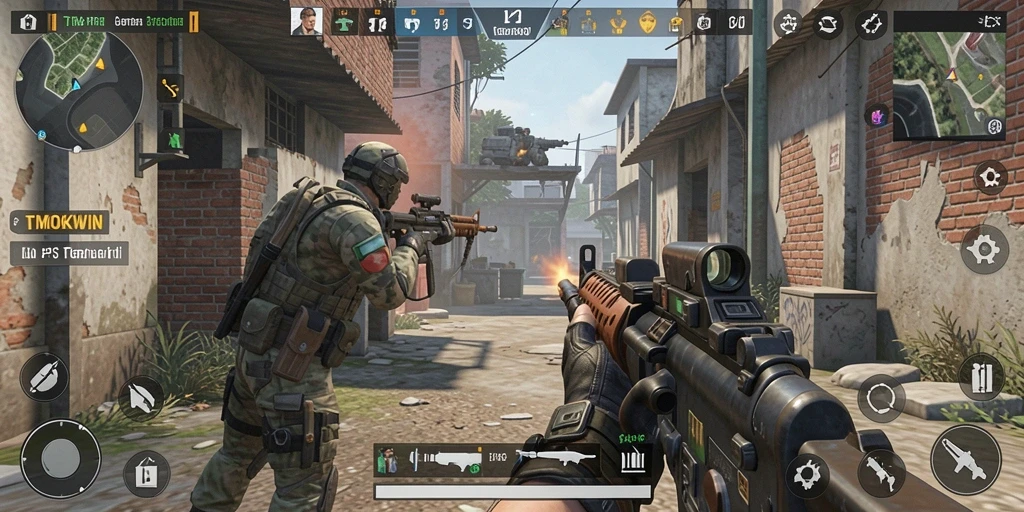 Screenshot gameplay menunjukkan aksi tembak-menembak yang intens di TMOKWIN.